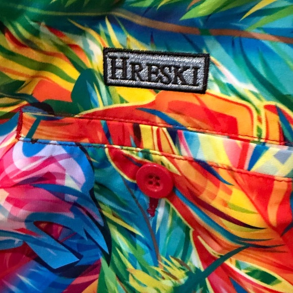 HRESKI Radiant Tropical Neon Feathers Performance Golf Shorts Size 36 - Picture 2 of 5